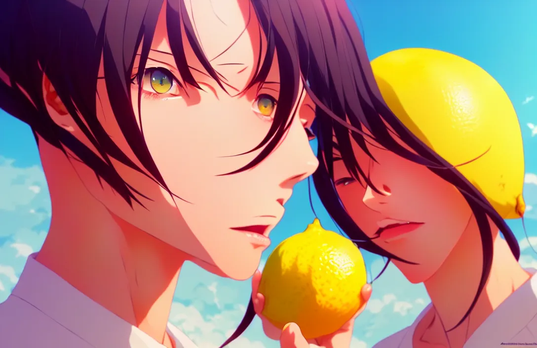 Image similar to ⁠portrait of a Lemon , Beach background, rich vivid colors, ambient lighting, dynamic lighting, 4k, HQ, official media, anime key visual, makoto shinkai, ilya kuvshinov, lois van baarle, rossdraws, detailed, trending on artstation