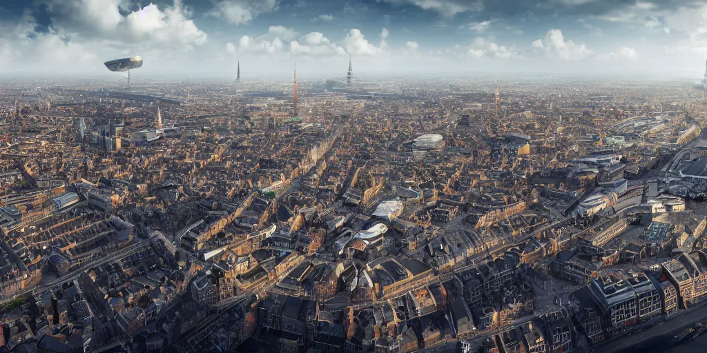 Image similar to futuristic photo of Amsterdam in a sci-fi style, 8K, hyper realistic, very detailed,