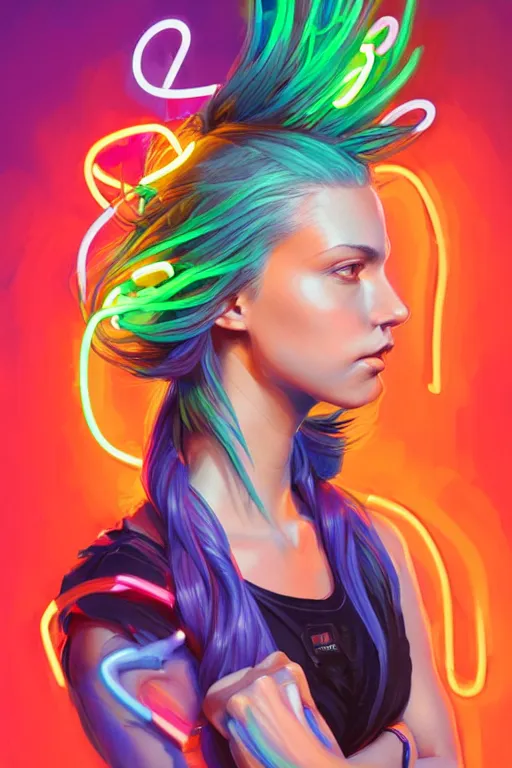 Image similar to a award winning half body portrait of a beautiful woman with stunning eyes in a croptop and cargo pants with rainbow colored hair, outlined by whirling illuminated neon lines and fine lines swirling in circles by jesper ejsing, rhads, makoto, shinkai, lois van baarle, digital art, trending on artstation