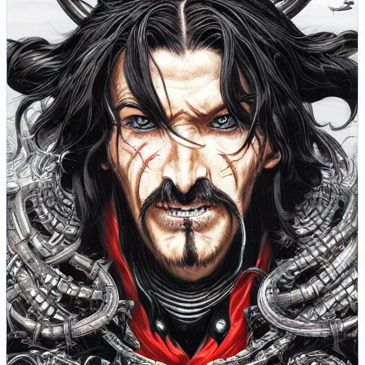 Image similar to portrait closeup of crazy captain hook, galleons around, symmetrical!!!, hyper detailed, by yoichi hatakenaka, masamune shirow, josan gonzales and dan mumford, ayami kojima, takato yamamoto, barclay shaw, karol bak, yukito kishiro