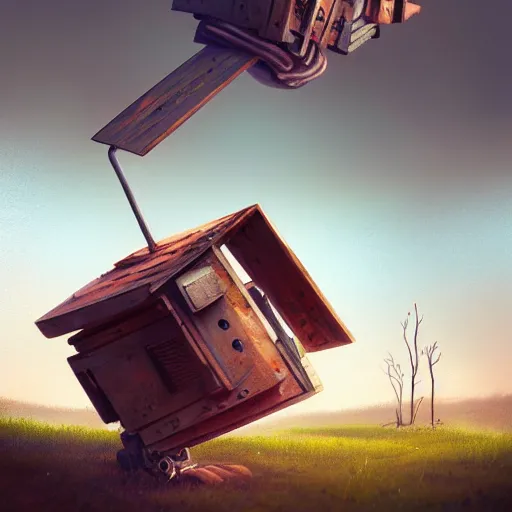 Prompt: a walking wood and metal house with two mechanical legs and two eyes, rust, hyperrealistic, highly detailed, cinematic, single ray of sun, morning, pareidolia, gravity falls style, beautiful, cgssociety, artstation, 8 k, oil painting, digital art