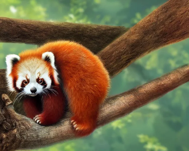 Prompt: cute, baby red panda, detailed, illustration, artstation, lying on a tree branch, forest background, realistic, matte painting, sharp focus