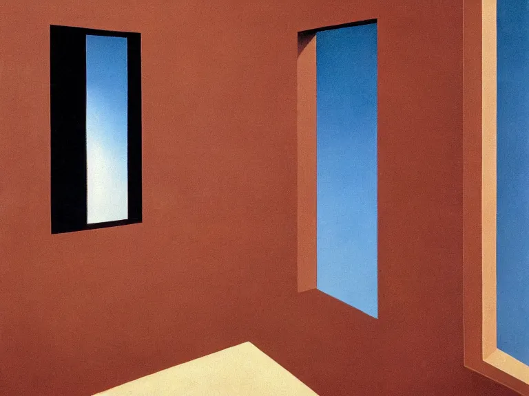 Image similar to an open window to nothingness in brick wall with open doors with endless hallway inside, painting by rene magritte, centered, high detail, high resolution