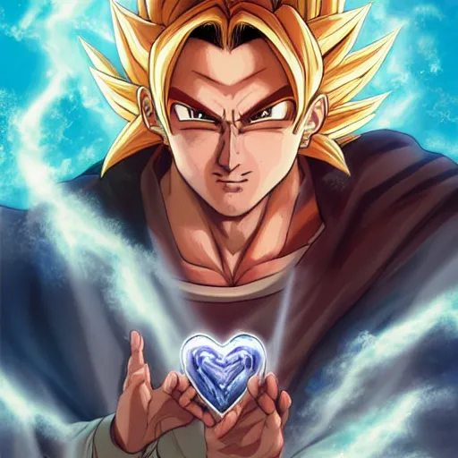 Image similar to Jesus christ transforming in super Saiyan holding the a shiny Sacred Heart , by Stanley Artgerm Lau, WLOP, Rossdraws, James Jean, Andrei Riabovitchev, Marc Simonetti, Yoshitaka Amano, ArtStation, CGSociety,