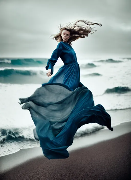 Image similar to cinestill 5 0 d half - length portrait photo portrait of a woman britt marling 3 / 4 style of nicholas fols, 1 5 0 mm, windy mood, dress in voile, mute dramatic colours, soft blur outdoor stormy sea background, volumetric lighting, hyper detailed, hyper realistic