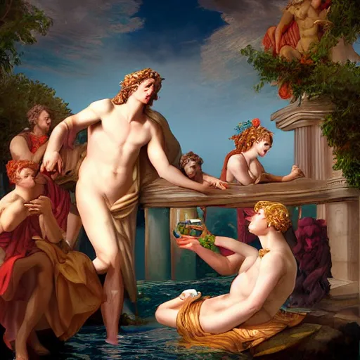 Prompt: poseidon drinking wine with the nymphs, digital art, detailed, ancient greek mythology