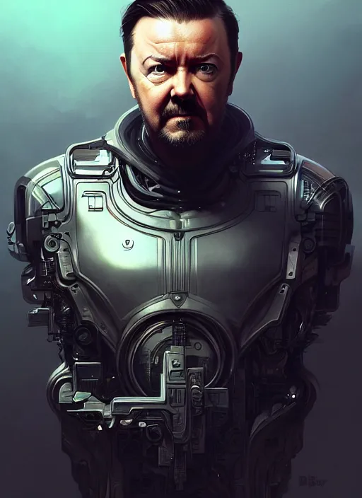 Prompt: portrait of ricky gervais, sci - fi, muscular! cyberpunk, intricate, elegant, highly detailed, digital painting, artstation, concept art, smooth, sharp focus, illustration, art by artgerm and greg rutkowski and alphonse mucha