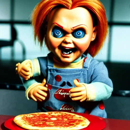 Image similar to Chucky the killer doll from the movie Child's Play eating Pizza at Pizza Hut