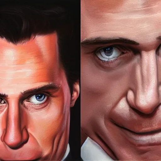 Image similar to Caricature portraits done of Patrick Bateman, realistic, hyperrealistic, very realistic, highly detailed, very detailed, extremely detailed, detailed, oil painting, digital art, trending on artstation