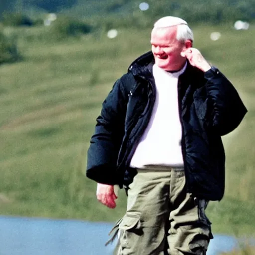 Image similar to john paul ii standing in a black puffed nuptse, black cargo pants and high black boots, summer weather