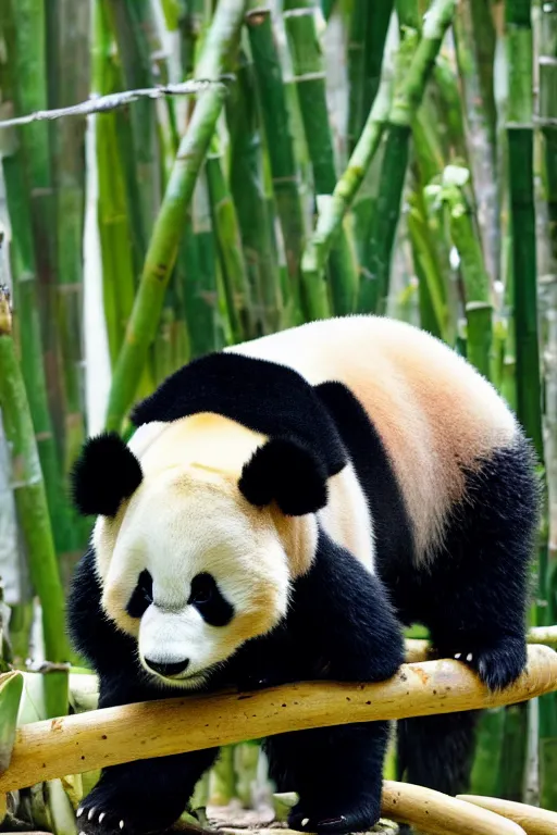 Image similar to Panda on orange chothes, bamboos on background