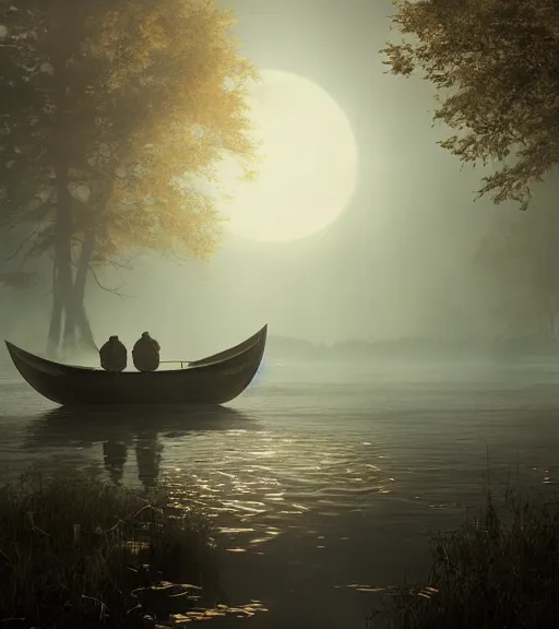 Image similar to three crows in a little boat in a swamp, volumetric lighting, fog, majestic light, octane render, ethereal glare of the sun, hyperrealistic, epic, masterpiece, by greg rutkowski