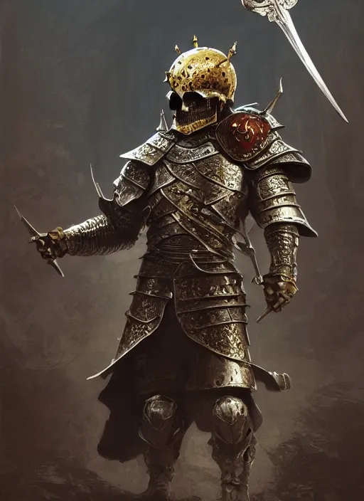 Image similar to a character concept of a skull headed knight with a skull hemet, wearing golden armor, hyper realistic, unreal, craig mullins, alex boyd, lord of the rings, game of thrones, dark souls, artstation, warhammer