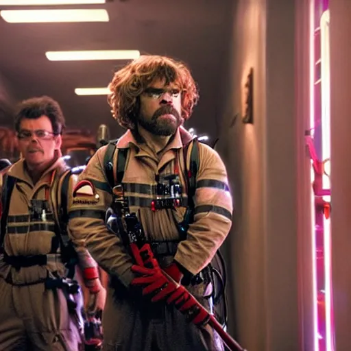 Image similar to stunning awe inspiring peter dinklage as a ghostbuster in the movie ghostbusters, movie still 8 k hdr atmospheric lighting