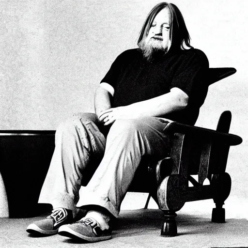 Image similar to robert wyatt sitting on a big spider - chair