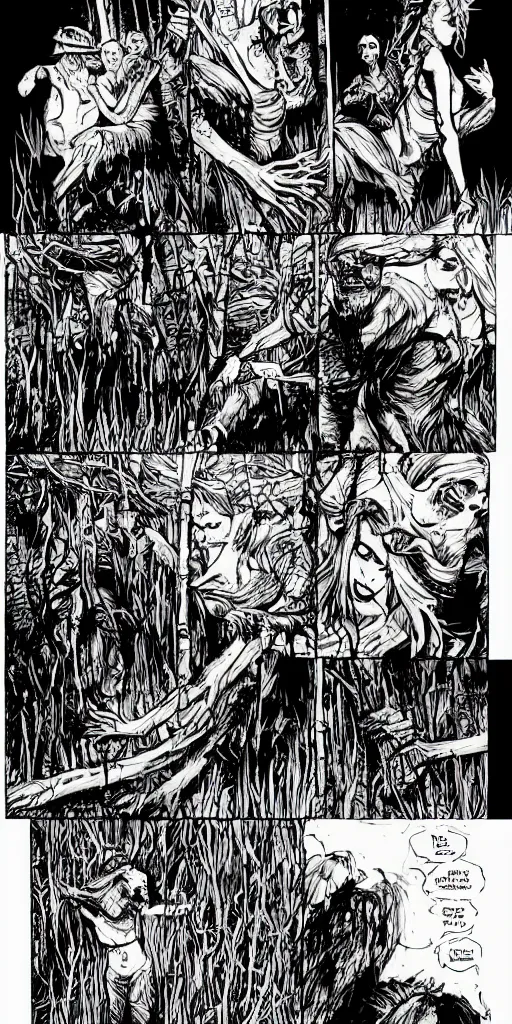 Prompt: multi - panel page from a highly detailed horror comic. swamp. woman. creature. terror. ink.