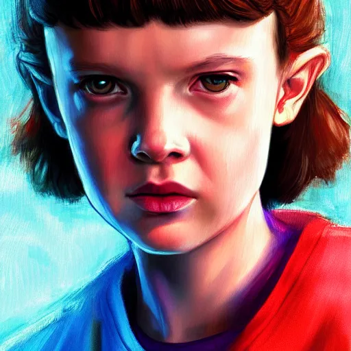 Prompt: a portrait of Eleven from Stranger things by WLOP!!!!!, character , female-focus, painting!!,scene