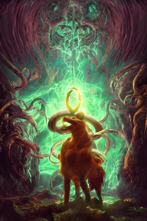 Image similar to an ultra detailed 3 d render of scooby doo as an elden ring boss, epic anime fantasy, 8 k, in the style of a fantasy metal album cover and magic the gathering, volumetric lighting, smooth, highly detailed, digital illustration, octane render, art by albert bierstadt and greg rutkowsi, artstation