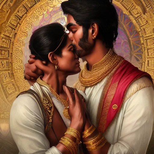 Prompt: portrait painting of dark muscular indian royal couple kissing, ultra realistic, concept art, intricate details, eerie, highly detailed, photorealistic, octane render, 8 k, unreal engine. art by artgerm and greg rutkowski and alphonse mucha