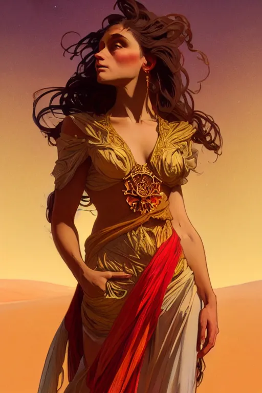 Image similar to full figure beautiful young fit antrophomorphic lion, dressed with multicolored fluent clothes, luminous scene, by greg rutkowski and alphonse mucha, d & d character, gradient red to gold, in front of a dune desert background, highly detailed portrait, digital painting, artstation, concept art, smooth, sharp focus illustration, artstation hq