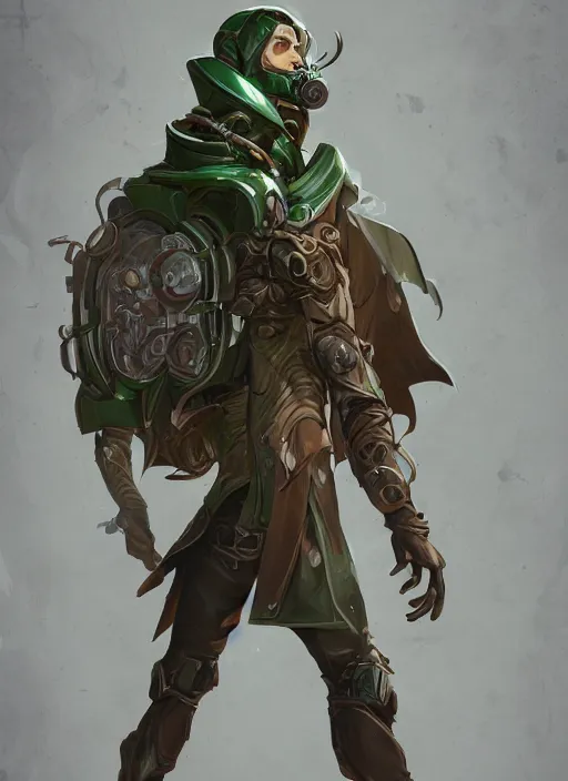 Image similar to a highly detailed illustration of thick wavy brown haired young white guy wearing brown detective trench coat and wearing dark green mask, with many long mechanical arms on his back, dramatic standing pose, intricate, elegant, highly detailed, centered, digital painting, artstation, concept art, smooth, sharp focus, league of legends concept art, WLOP