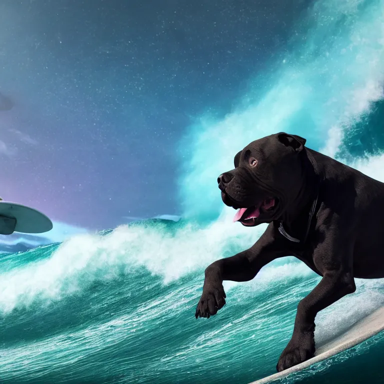 Image similar to photo of a dark charcoal coat pit bull with a white paws, surfing on a surfboard in a crashing wave of alien ocean in space, background is an alien galaxy, matte, aliens in the background, alien colors, octane render, unreal engine, wide view, 8 k, high detaild