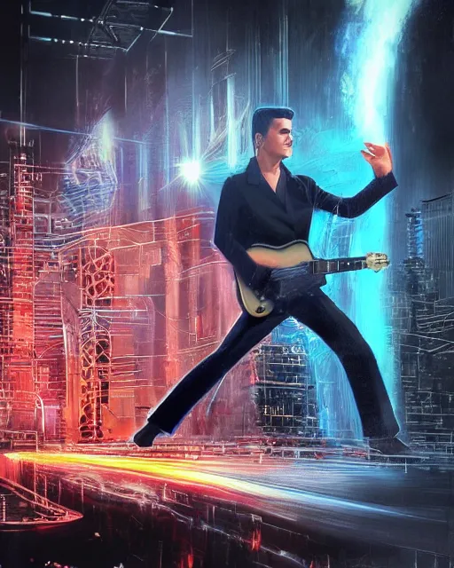 Image similar to a powerful energy elvis presley, by alexander fedosav, hyper detailed digital matte painting, concept art, hyperrealism, 1 6 k resolution, cinema 4 d, 8 k resolution, trending on artstation, behance hd, a masterpiece, by stephan martiniere, particles, power bright spotlight energy neon, by david a. hardy,