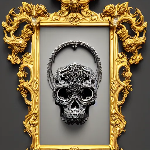 Prompt: a beautiful, ornate and intricate rococo skull with silver and gold details, inside a black rococo frame, 4k, octane render, vray, unreal engine, photorealistic