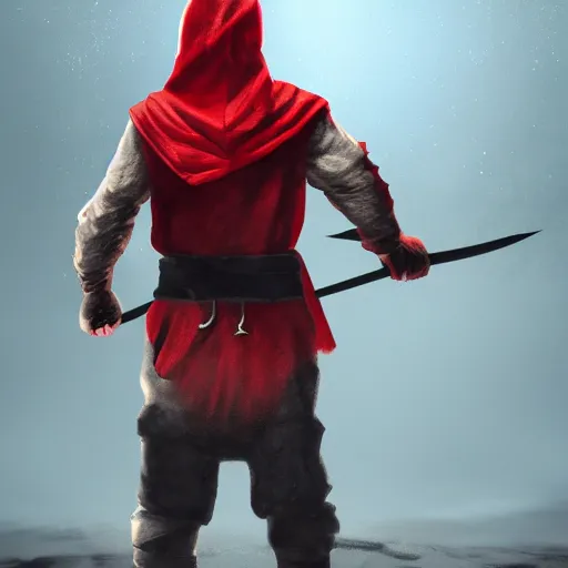 Image similar to view from the back warrior holding two swords, full body worn out damaged cape, red hoodie, worn out clothes, floating spiral sand, concept art, volumetric light, full body shot, 8K, trending on artstation