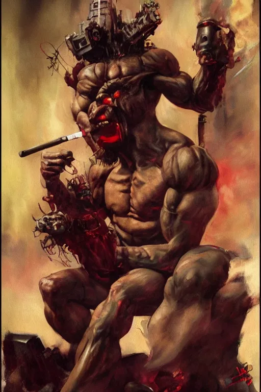 Image similar to A muscular demon smoking a cigar in a cyberpunk setting, by Frank Frazetta, Trending on Artstation, highly detailed,