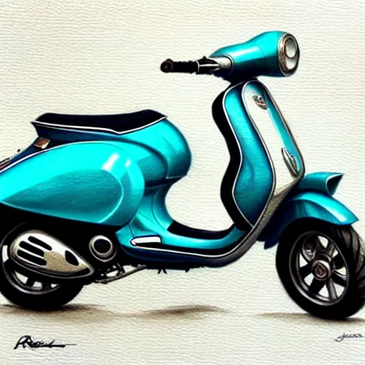 Image similar to a turquoise vespa moped, realistic, concept art, intricate details, detailed, photorealistic, pencil and watercolor, art by artgerm and greg rutkowski