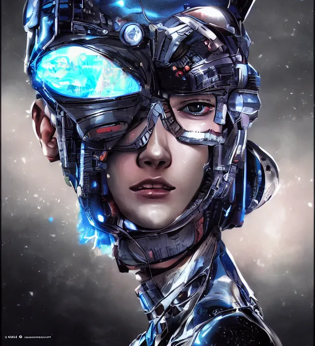 Image similar to hd 3 d rendered graphic novel video game portrait of a cute young cyborg soldier girl complicated synaptic particles angelic deity demon future downtown in ishikawa ken miura kentaro gantz frank miller jim lee alex ross vaporwave technoir style detailed trending award winning on flickr artstation