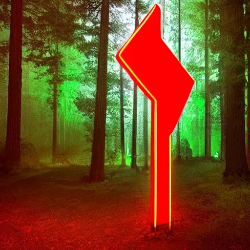 Image similar to neon sign in the shape of a arrow pointing the way in the forest at night, dynamic lighting, photorealistic concept art, hyper realism, stunning visuals