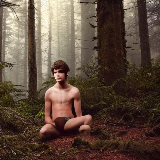 Image similar to a teenage boy, around 1 9 years old with necklace, natural brown hair, loincloth, pale skin, detailed face. crying in ominous and eerie looking forest. natural colors. realistic photo.