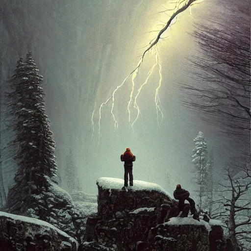 Image similar to a beautiful painting of group of climbers, extreme cold, storm, octane rendering, grim, dark, gloomy, cruel, volumetric lightning, hyperrealism, no blur, 4 k resolution, ultra detailed, style of john atkinson grimshaw, ivan shishkin, tyler edlin, scott listfield, eric zener