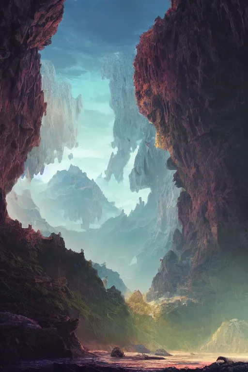 Image similar to crystal geode, landscape, alex ross, eddie mendoza, raphael lacoste, sebastian ludke, concept art, matte painting, highly detailed, rule of thirds, dynamic lighting, cinematic, realism, realistic, photo real, detailed, magnificiant landscape, denoised, centerd
