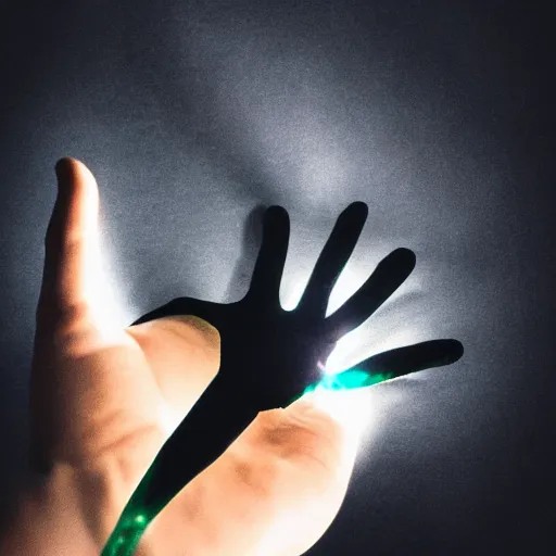 Image similar to a black gloved hand holding a dinly glowing shard of kryptonite in pitch black