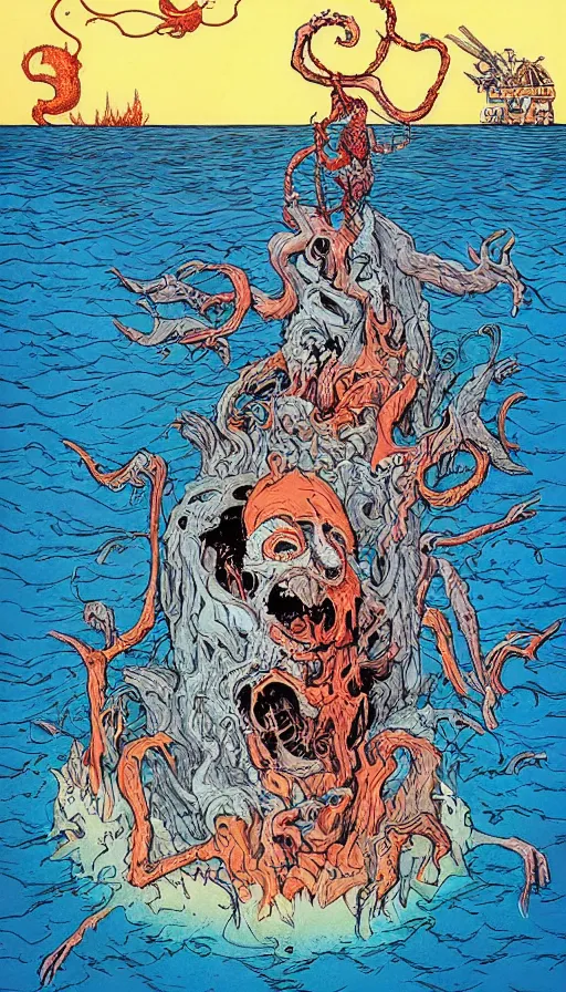 Prompt: man on boat crossing a body of water in hell with creatures in the water, sea of souls, by alex pardee