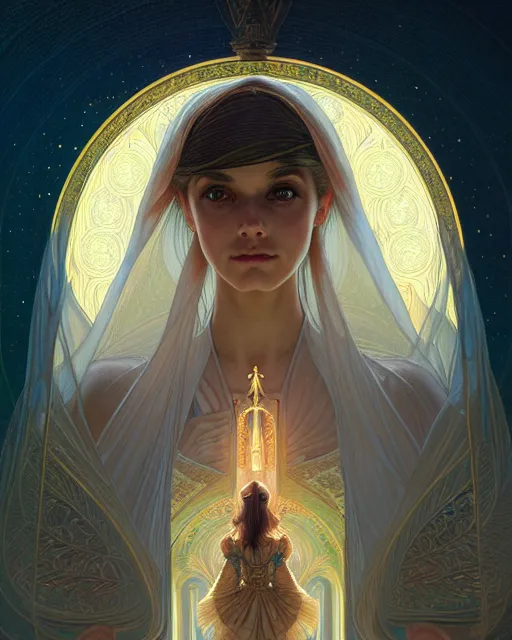 Image similar to symmetry portrait of brunette princess, glam, cleric, fireflies, holy temple background, intricate, elegant, highly detailed, digital painting, artstation, concept art, smooth, sharp focus, illustration, art by artgerm and greg rutkowski and fra angelico and alphons mucha