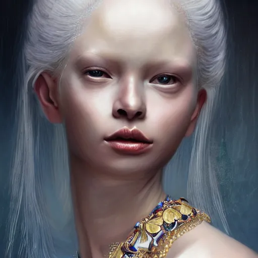 Prompt: A masterpiece portrait of a Incredibly beautiful albino African albino girl albino model.Sharpen With big bright African jewelry. In wonderful African clothes. Vogue. trending on artstation, digital art, by Stanley Artgerm Lau, WLOP, Rossdraws, James Jean, Andrei Riabovitchev, Marc Simonetti, Yoshitaka Amano