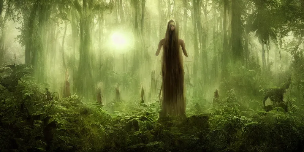 Image similar to A transcendal being having a ritual in a mysterious and lush forest, sci-fi, dark fantasy, wide shot