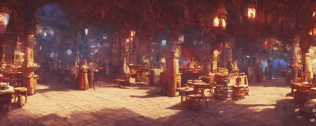 Image similar to inside of a medieval era bazaar, vaporwave aesthetics, 8 k uhd, unreal engine, octane render in the artstyle of finnian macmanus, john park and greg rutkowski