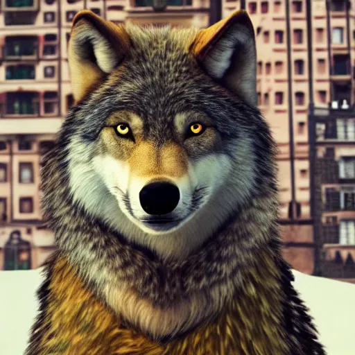 Image similar to a stern anthro wolf in Wes Anderson's movie, movie wallpaper, studio lighting