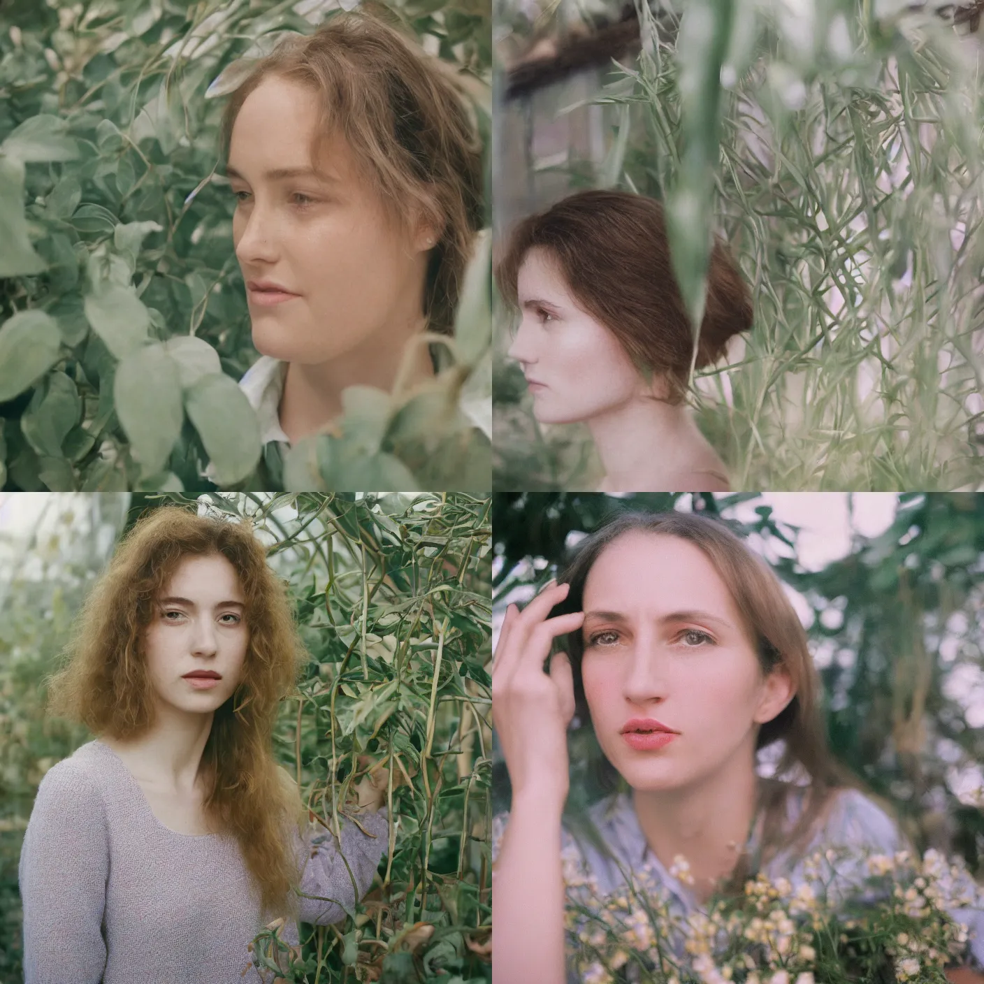 Prompt: head and shoulder, close up portrait photograph of a woman inside a greenhouse by nina masic. pastel colors. Portra 400 film. Mamiya 7. highly detailed. hq. photoreal. Golden hour.