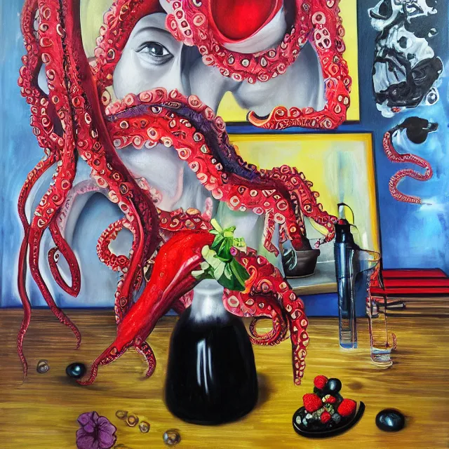 Image similar to empty room with black walls, sensual portrait of a female pathologist, broken vase of flowers and water, octopus, squashed berries, neo - expressionism, surrealism, acrylic and spray paint and oilstick on canvas