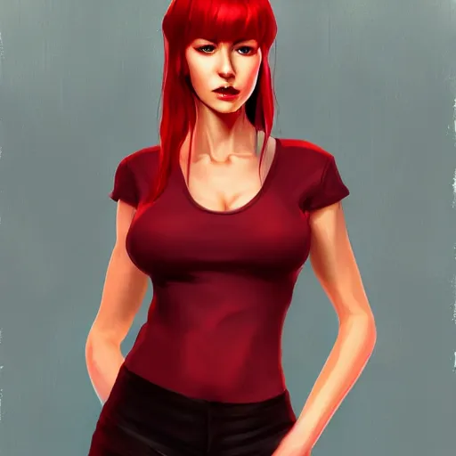 Image similar to a woman wearing a leotardt, full body shot, red hair, highly detailed, digital painting, artstation, concept art, smooth, sharp focus, illustration