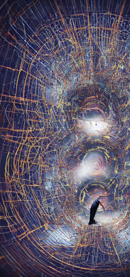 Image similar to wide shot of a man getting trapped inside cern large hadron collider, his body getting pulled apart by particle collision, rendered in octane