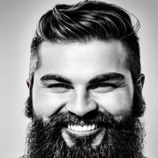 Image similar to Black and white photography of a very muscular man smiling with a chiseled jawline and trimmed beard