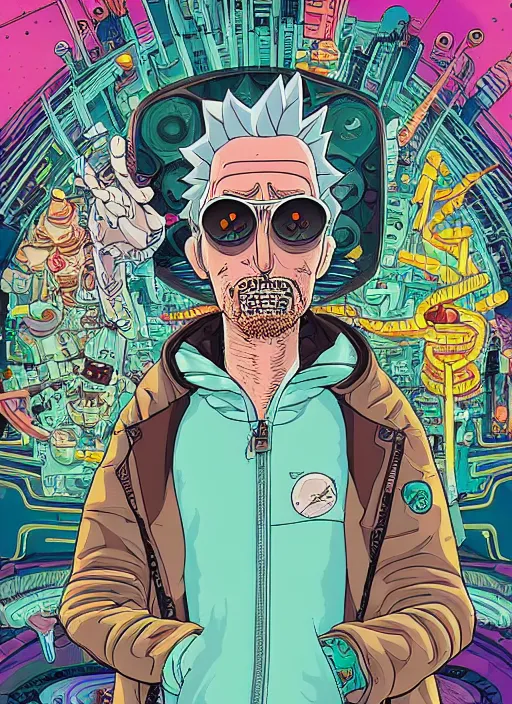 Prompt: hyper detailed comic illustration of a cyberpunk Rick and Morty wearing a futuristic sunglasses and a gorpcore jacket, markings on his face, by Josan Gonzalez and Geof Darrow, intricate details, vibrant, solid background, low angle fish eye lens