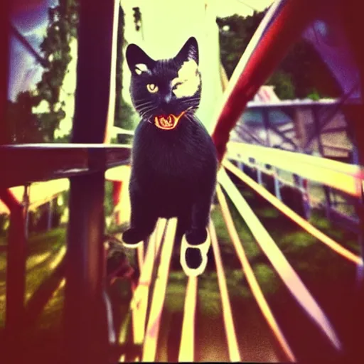 Image similar to black cat chilling on a rollercoaster. focus on cats face. sunlight. polaroid photo. bright colors.